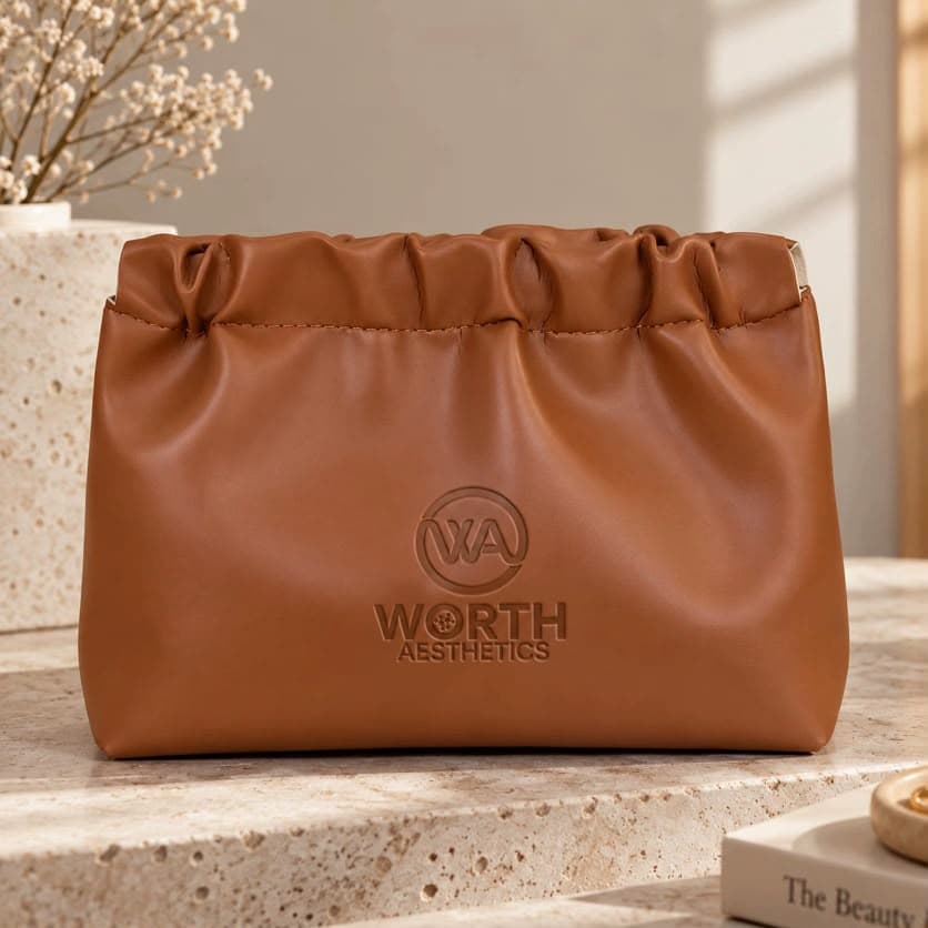 Worth Aesthetics leather pouch on a travertine plinth